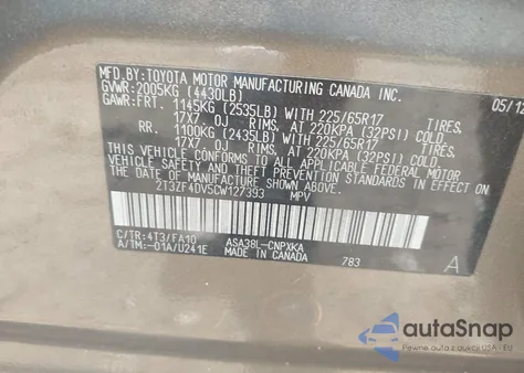 2012 Toyota Rav4 from USA, damaged, VIN 2T3ZF4DV5CW127393